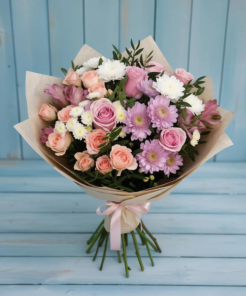 Букет цветов из: Хризантемы, Розы и Альстромерии в Чурапче