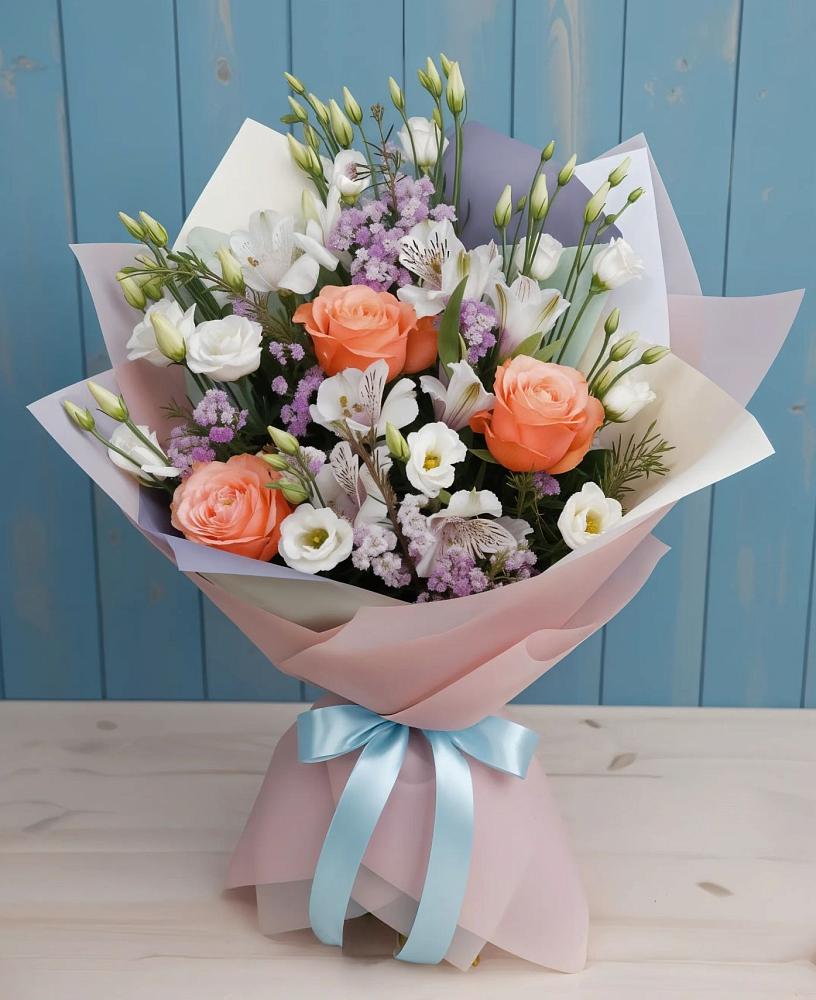 Букет цветов из: Лизиантусы, Розы, Альстромерии и Гипсофила в Чурапче